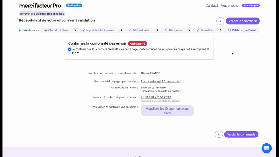 Page de récapitulatif avec la checkbox de conformité cochée et le bouton Valider la commande maintenant actif en violet