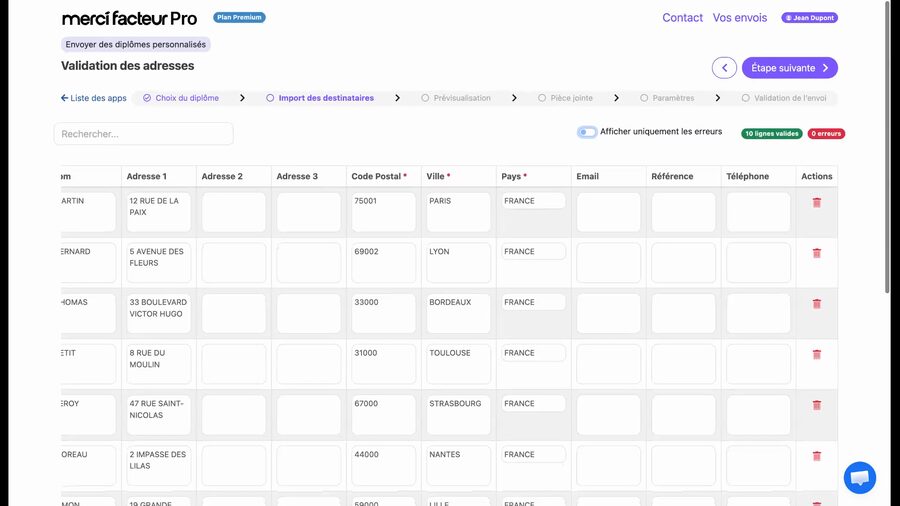 Vue élargie du tableau de validation montrant les colonnes supplémentaires email, référence, téléphone et une colonne Actions avec une icône de suppression pour chaque destinataire