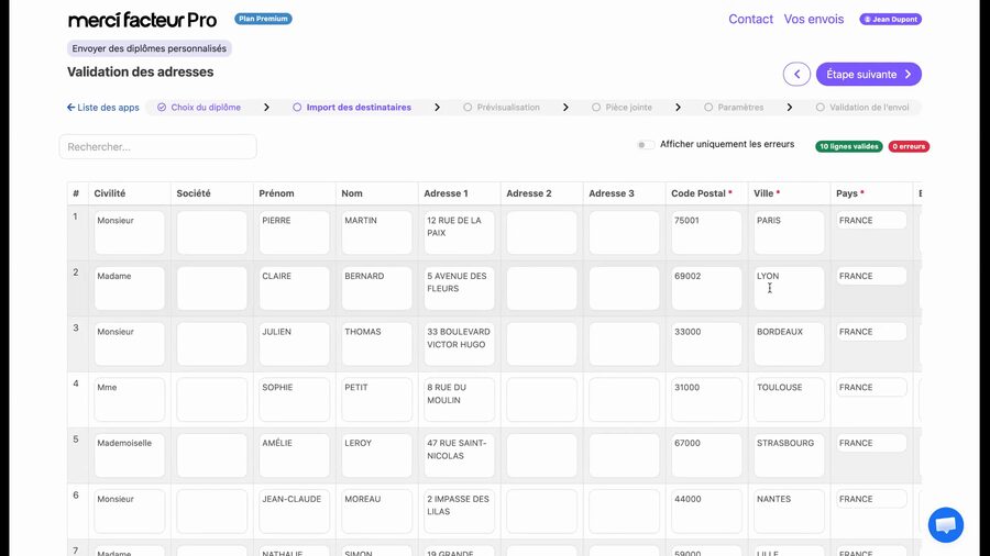 Tableau de validation des adresses affichant 10 destinataires avec leurs civilité, prénom, nom, adresse complète, code postal, ville et pays. En haut à droite, les badges 10 lignes valides et 0 erreurs