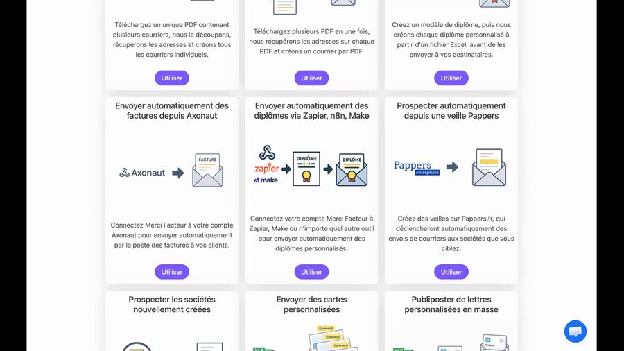 Catalogue des applications Merci Facteur Pro avec la carte Envoyer automatiquement des factures depuis Axonaut, montrant une icône facture et le logo Axonaut, un texte descriptif et un bouton violet Utiliser