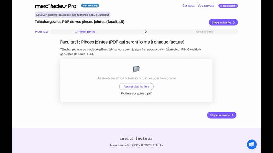 Étape Pièces jointes du funnel de création, avec une zone de drag and drop pour ajouter des fichiers PDF, un bouton Ajouter des fichiers et la mention Fichiers acceptés pdf