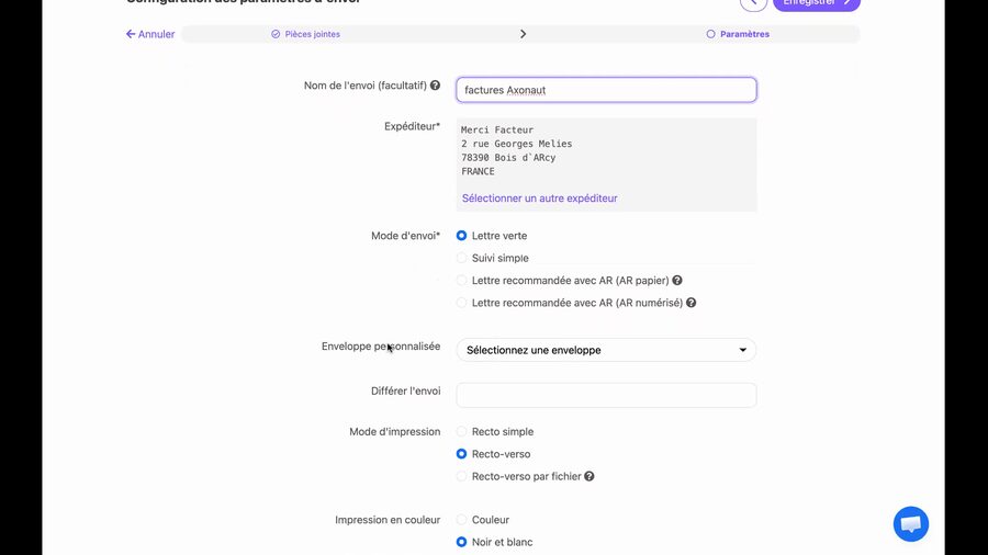 Suite du formulaire de paramètres montrant le nom rempli avec factures Axonaut, le champ différer l'envoi, le mode d'impression avec recto-verso sélectionné et l'option impression en couleur avec noir et blanc sélectionné