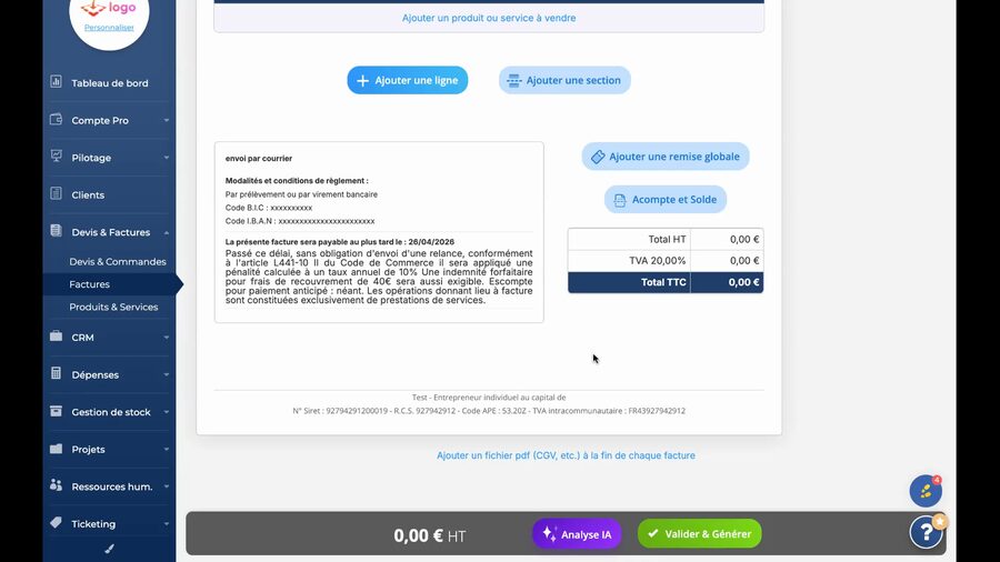 Page de facture Axonaut avec la mention envoi par courrier visible en première ligne de la zone des mentions légales, suivie des modalités et conditions de règlement