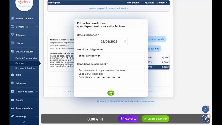 Fenêtre Editer les conditions avec le champ Date d'échéance rempli, le champ Mentions obligatoires contenant envoi par courrier, et le champ Conditions de paiement pré-rempli