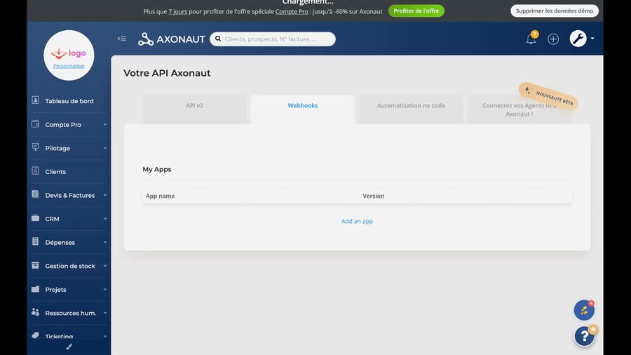 Onglet Webhooks d'Axonaut montrant une section My Apps vide avec un lien Add an app