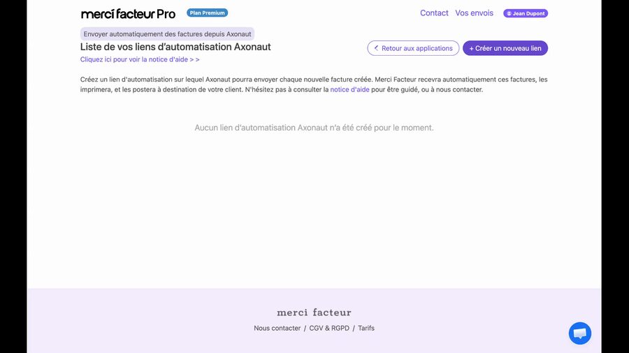 Page Liste de vos liens d'automatisation Axonaut, vide, avec un texte explicatif, un lien vers la notice d'aide et un bouton violet Créer un nouveau lien
