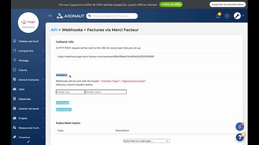 Page de configuration du webhook Factures via Merci Facteur dans Axonaut, montrant la Callback URL, la section Headers vide avec les colonnes Header key et Header value, et la section Subscribed topics vide