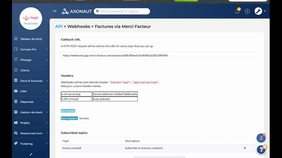 Section Headers du webhook avec deux lignes, la première x-mf-secret-key avec la clé de sécurité, la seconde X-MF-Is-Postal avec la valeur only-selected