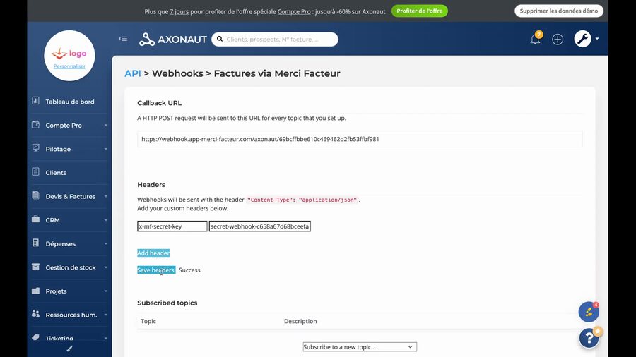 Section Headers du webhook avec une ligne remplie, Header key contenant x-mf-secret-key et Header value contenant la clé de sécurité, avec le message Success affiché à côté du bouton Save headers
