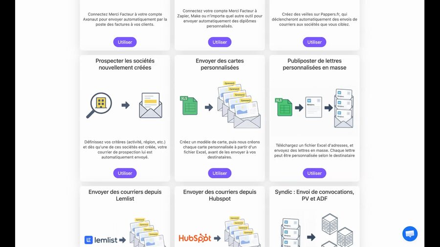 Tableau de bord Merci Facteur Pro affichant la grille des applications disponibles, avec l'application Envoyer des cartes personnalisées au centre et son bouton Utiliser en violet