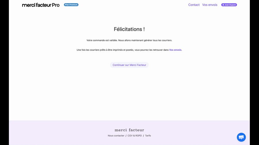 Page de confirmation Félicitations indiquant que la commande est validée et que les courriers vont être générés, avec un lien pour retrouver les envois dans la section Vos envois