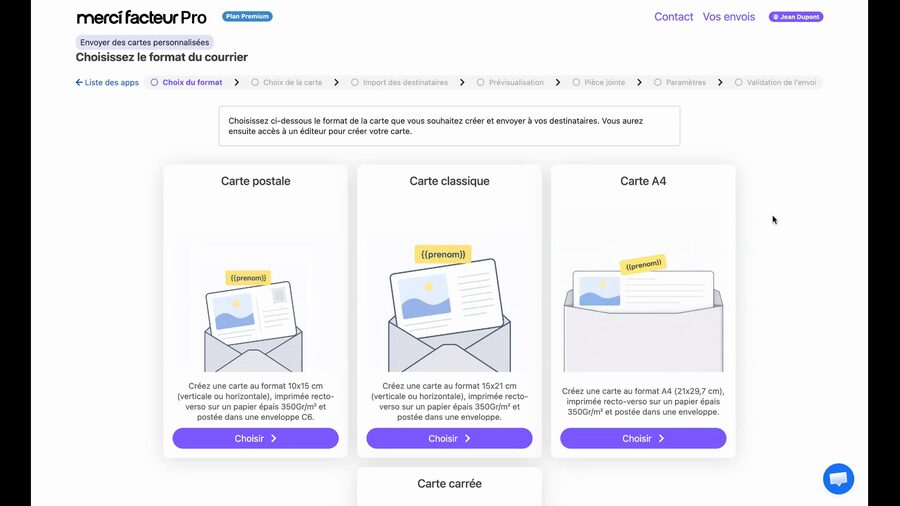 Page de choix du format de carte affichant quatre options : Carte postale 10x15 cm, Carte classique A5 15x21 cm, Carte A4 21x29.7 cm, et Carte carrée 14x14 cm, chacune avec une illustration et un bouton Choisir