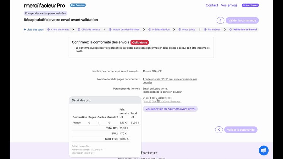 Détail des prix déplié montrant un tableau avec la destination France, 10 cartes, total HT de 21,30 euros, TVA de 1,70 euros et total TTC de 23,00 euros, suivi du détail des coûts d'affranchissement