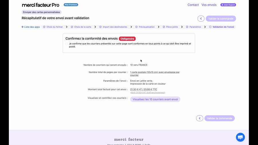 Page de récapitulatif avant validation affichant 10 courriers vers la France, 1 carte postale avec enveloppe par courrier, envoi en lettre verte, montant total de 21,30 euros HT, une checkbox obligatoire de conformité et un bouton Valider la commande grisé
