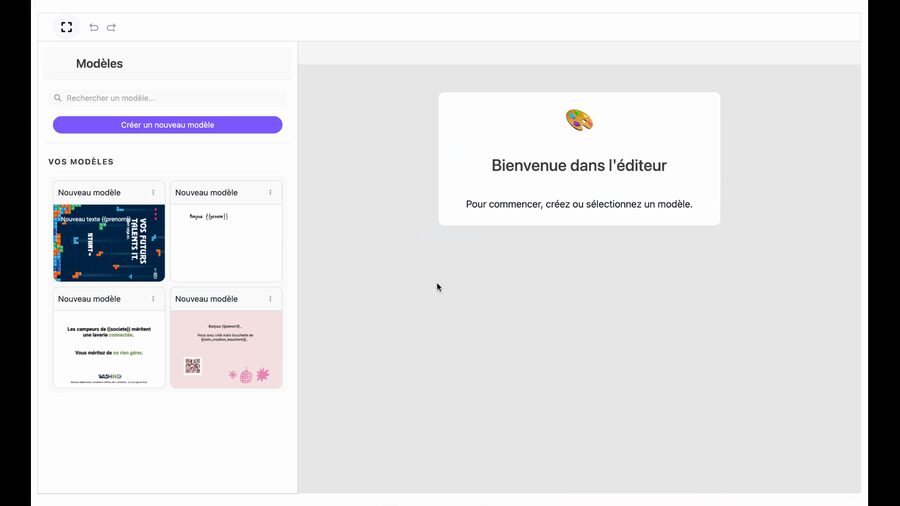 Éditeur de carte affichant le panneau latéral gauche avec la liste des modèles existants, un bouton Créer un nouveau modèle, et au centre un message de bienvenue invitant à sélectionner ou créer un modèle