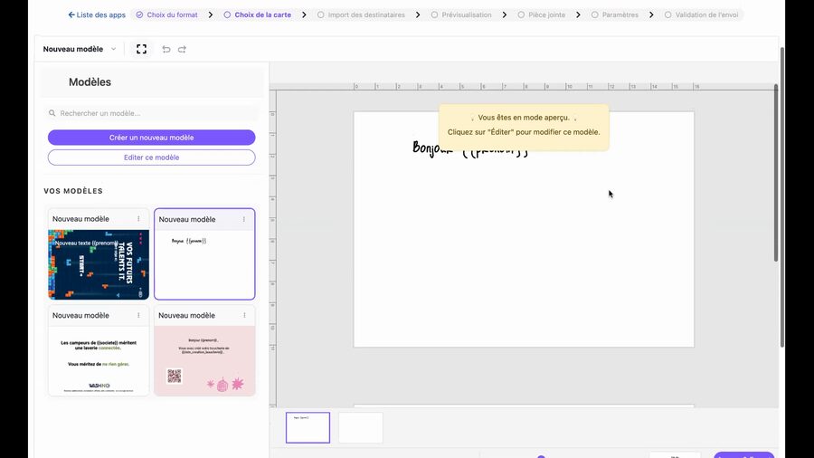 Éditeur en mode aperçu montrant une carte avec le texte manuscrit Bonjour suivi d'une variable prénom entre accolades, un bandeau jaune indique que le mode aperçu est actif