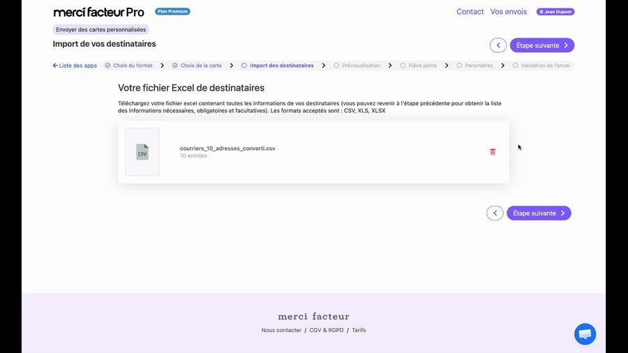 Page d'import des destinataires avec le fichier courrier_10_adresses_convert.csv chargé et affiché dans la zone de dépôt, le bouton Étape suivante est maintenant actif en violet