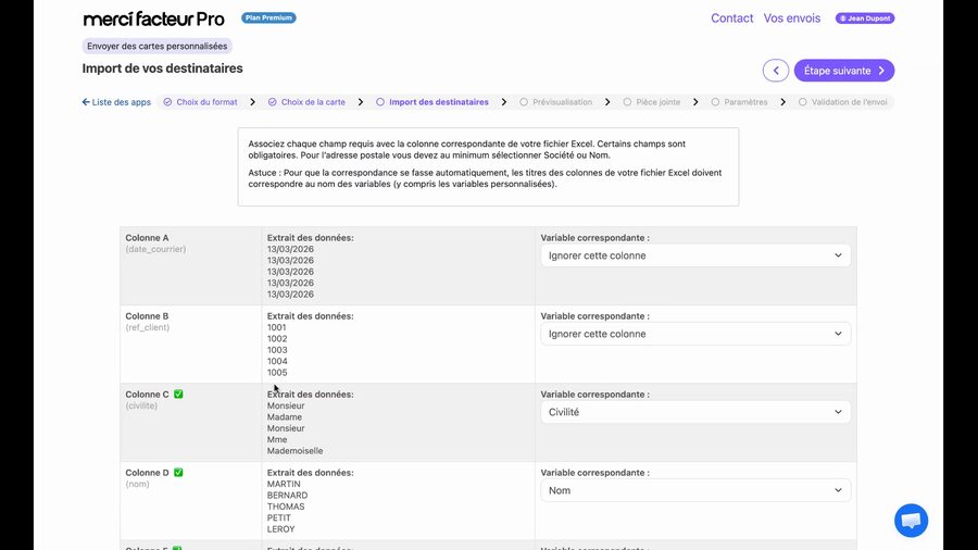 Tableau de mappage affichant chaque colonne du fichier Excel avec un extrait de données et un menu déroulant Variable correspondante, les colonnes civilité, nom, prénom et adresse sont détectées automatiquement