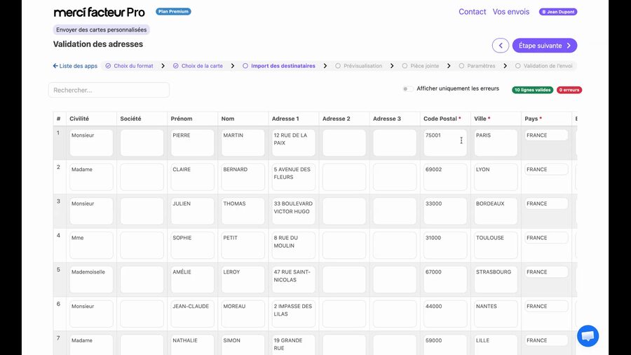 Tableau de validation des adresses avec 10 lignes de destinataires, colonnes civilité, société, prénom, nom, adresse, code postal, ville et pays, un badge vert indique 10 lignes valides et un badge rouge indique 0 erreur
