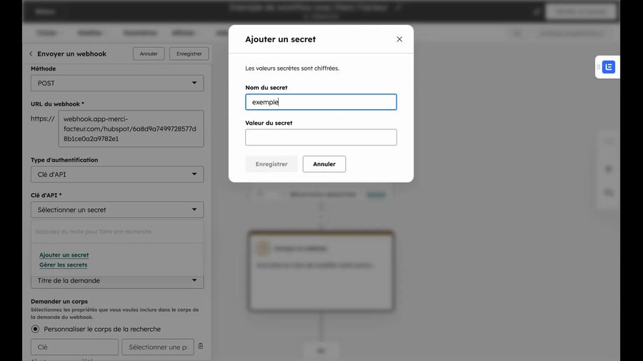 Fenêtre modale Ajouter un secret dans HubSpot avec deux champs : Nom du secret contenant un exemple de nom, et Valeur du secret où il faut coller la clé de sécurité fournie par Merci Facteur, avec les boutons Enregistrer et Annuler