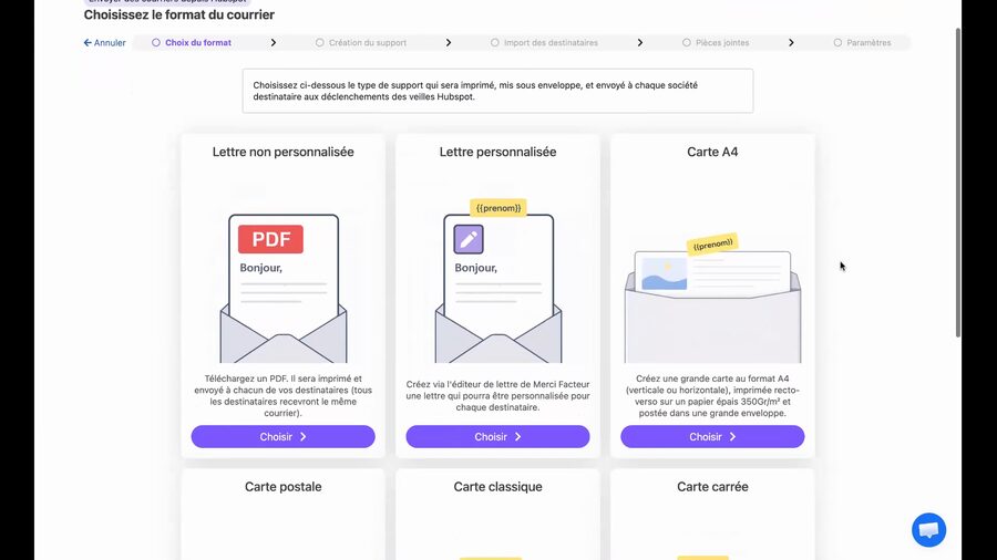 Écran de sélection du format de courrier affichant six options : lettre non personnalisée avec icône PDF, lettre personnalisée, carte A4, carte postale, carte classique et carte carrée, chacune avec un bouton Choisir violet