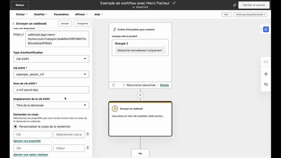 Configuration complète de l'authentification dans HubSpot montrant le type Clé d'API sélectionné, le secret choisi, le nom de clé d'API x-mf-secret-key et l'emplacement Titre de la demande