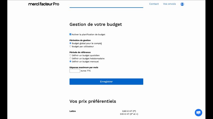 Page de gestion du budget Merci Facteur Pro avec les options : activer la planification de budget, périmètre de gestion (budget global ou par utilisateur), période de référence (quotidien, hebdomadaire ou mensuel) et champ de dépense maximum par mois en euros TTC