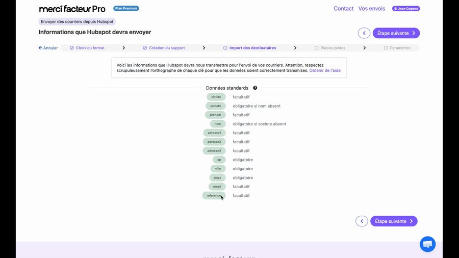 Écran récapitulatif des informations que HubSpot devra transmettre à Merci Facteur : liste de champs avec leur caractère obligatoire ou facultatif, incluant civilité, société, prénom, nom, adresse, code postal, ville et pays
