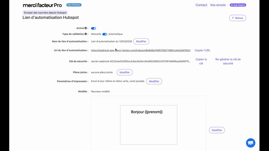 Page récapitulative du lien d'automatisation créé, affichant le statut actif, le type de validation manuelle ou automatique, l'URL complète du webhook avec bouton Copier, la clé de sécurité avec boutons Copier et Régénérer, ainsi qu'un aperçu du modèle de carte avec le texte Bonjour prenom