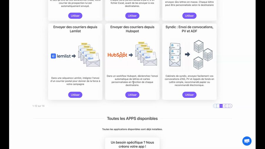 Catalogue des applications Merci Facteur Pro avec la carte de l'application HubSpot affichant le logo HubSpot et la description permettant de déclencher l'envoi automatisé de lettres et cartes personnalisées depuis un workflow HubSpot