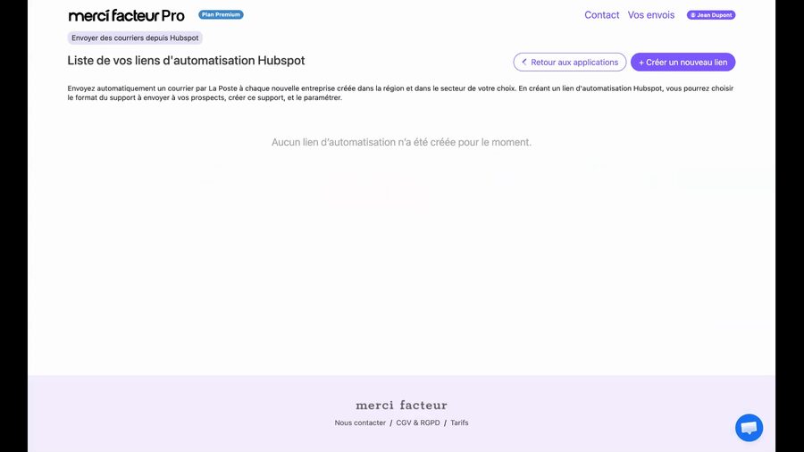 Page de liste des liens d'automatisation HubSpot, vide pour le moment, avec un bouton violet Créer un nouveau lien en haut à droite et un bouton Retour aux applications