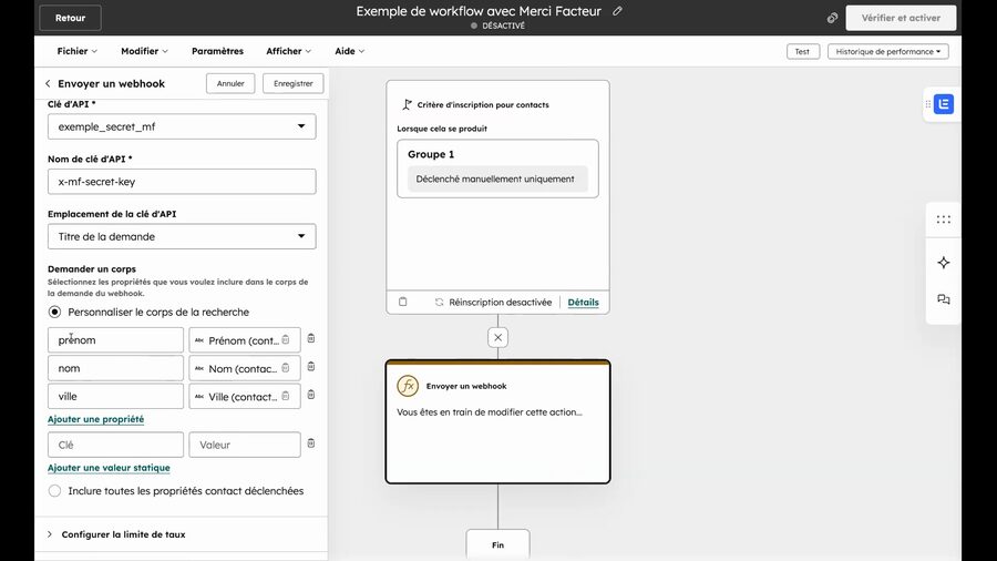 Section Demander un corps du webhook HubSpot avec trois propriétés ajoutées : prenom associé à Prénom du contact, nom associé à Nom du contact, et ville associé à Ville du contact, avec des boutons pour ajouter une propriété ou une valeur statique