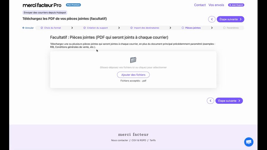 Écran de téléchargement des pièces jointes PDF avec une zone de glisser-déposer et un bouton Ajouter des fichiers, indiquant que seuls les fichiers PDF sont acceptés