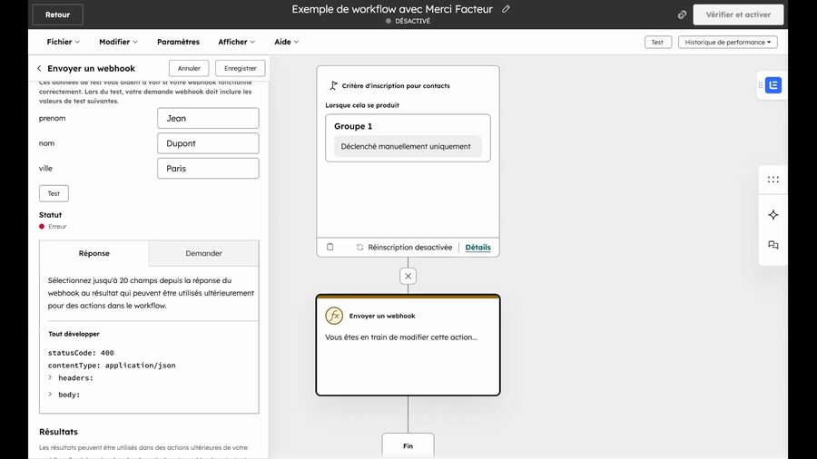 Résultat de test en erreur dans HubSpot affichant le statut Erreur avec un statusCode 400, contentType application/json et un message body indiquant les données manquantes