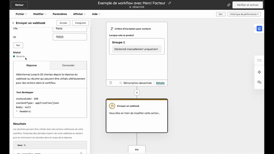 Résultat de test réussi dans HubSpot affichant le statut Réussite avec un statusCode 200, confirmant que le courrier a été correctement transmis à Merci Facteur