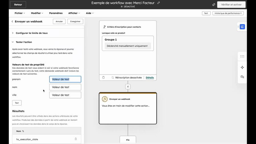 Section Tester l'action dans HubSpot avec des champs de valeurs de test pré-remplis : prenom avec la valeur Jean, nom avec Dupont, et ville avec Paris, suivis d'un bouton Test