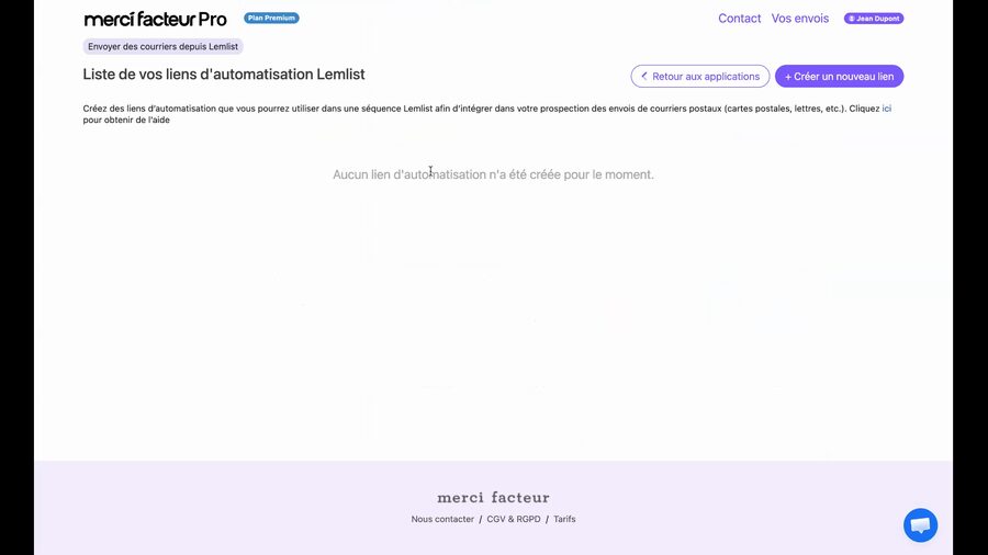 Page Liste de vos liens d'automatisation Lemlist, vide, avec les boutons Retour aux applications et Créer un nouveau lien