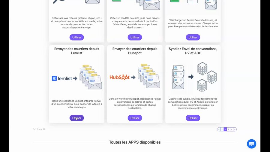 Catalogue des applications Merci Facteur Pro montrant la carte Envoyer des courriers depuis Lemlist avec le logo Lemlist et un bouton Utiliser violet