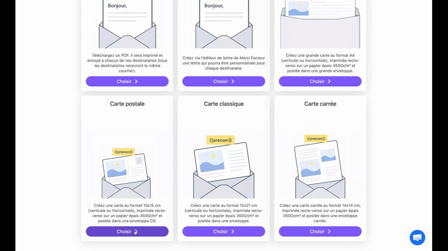 Trois formats carte disponibles : carte postale 10x15 cm en enveloppe C6, carte classique 15x21 cm, et carte carrée 14x14 cm en enveloppe carrée, toutes sur papier épais