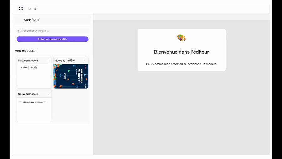 Éditeur de carte avec le panel Modèles à gauche montrant trois modèles existants dont Bonjour prénom, et un message Bienvenue dans l'éditeur au centre