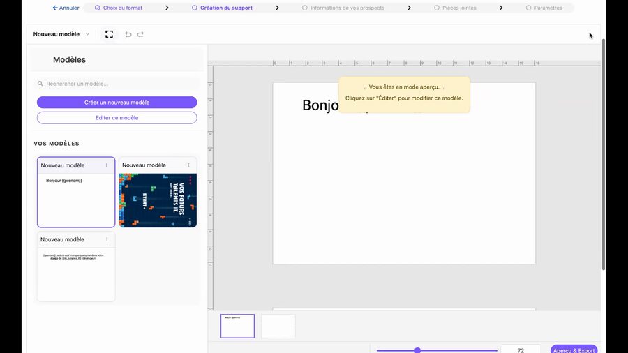 Aperçu d'un modèle de carte sélectionné montrant le texte Bonjour prénom sur le recto, avec un bandeau indiquant le mode aperçu et un bouton Éditer