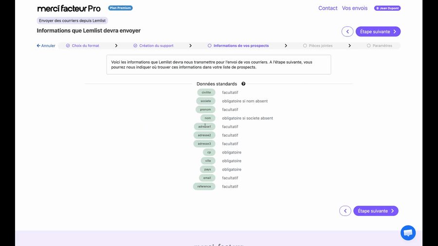 Écran Informations que Lemlist devra envoyer listant les champs : prénom facultatif, nom obligatoire, société facultatif, adresse obligatoire, code postal obligatoire, ville obligatoire, pays obligatoire
