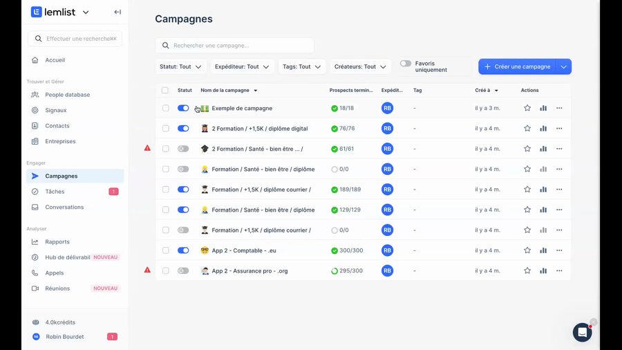 Interface Lemlist montrant la page Campagnes avec une liste de campagnes incluant leur statut, nombre de prospects et date de création