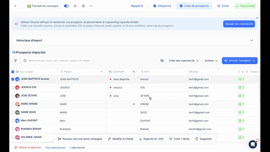 Liste de prospects dans Lemlist avec un prospect sélectionné et la barre d'actions en bas montrant le bouton Exporter en CSV