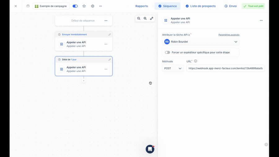 Séquence Lemlist montrant un délai inséré entre l'étape d'envoi de courrier et l'étape suivante