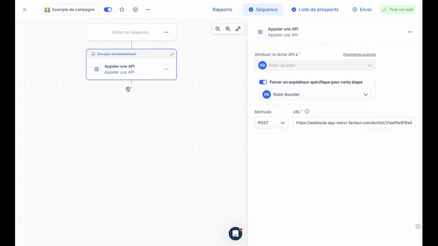Interface Lemlist montrant l'ajout d'une étape Appeler une API dans une séquence, avec la méthode POST sélectionnée et l'URL d'automatisation Merci Facteur collée