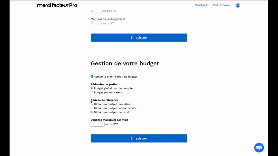 Gestion du budget activée avec Budget global pour le compte sélectionné, période hebdomadaire choisie, et un champ pour saisir la dépense maximum en euros TTC