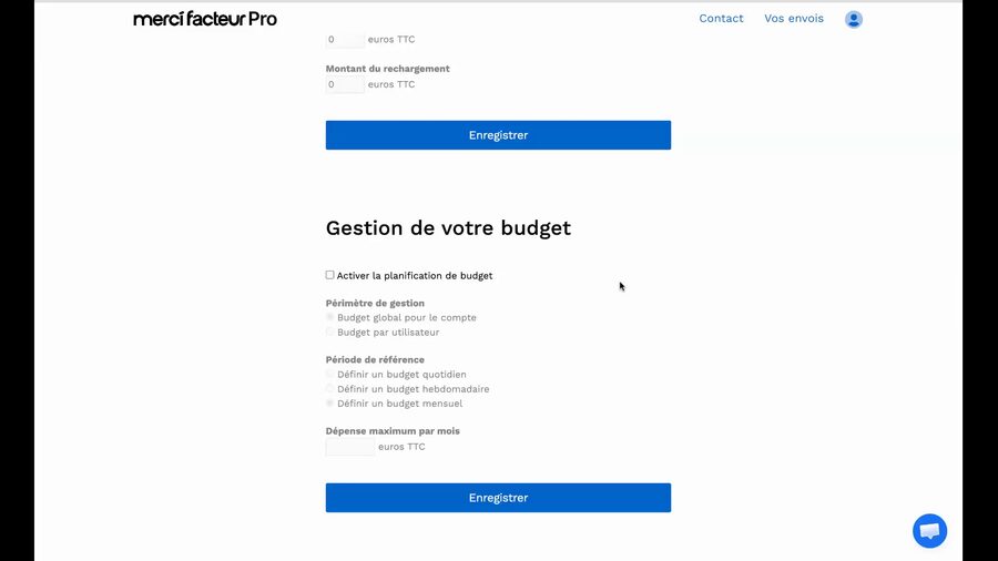Section Gestion de votre budget dans les paramètres Merci Facteur Pro avec la case Activer la planification de budget non cochée et les options de périmètre et période grisées