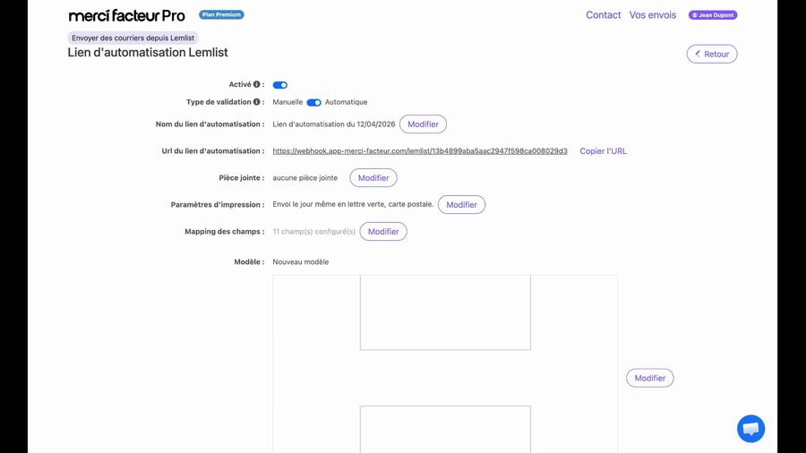 Page récapitulative du lien d'automatisation montrant le toggle Activé, le type de validation Automatique sélectionné, le nom du lien, l'URL d'automatisation avec un bouton Copier, et un aperçu du modèle de carte