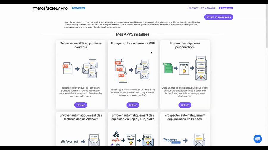 Catalogue des applications Merci Facteur Pro affichant six cartes d'applications, dont Envoyer un lot de plusieurs PDF avec un bouton Utiliser violet